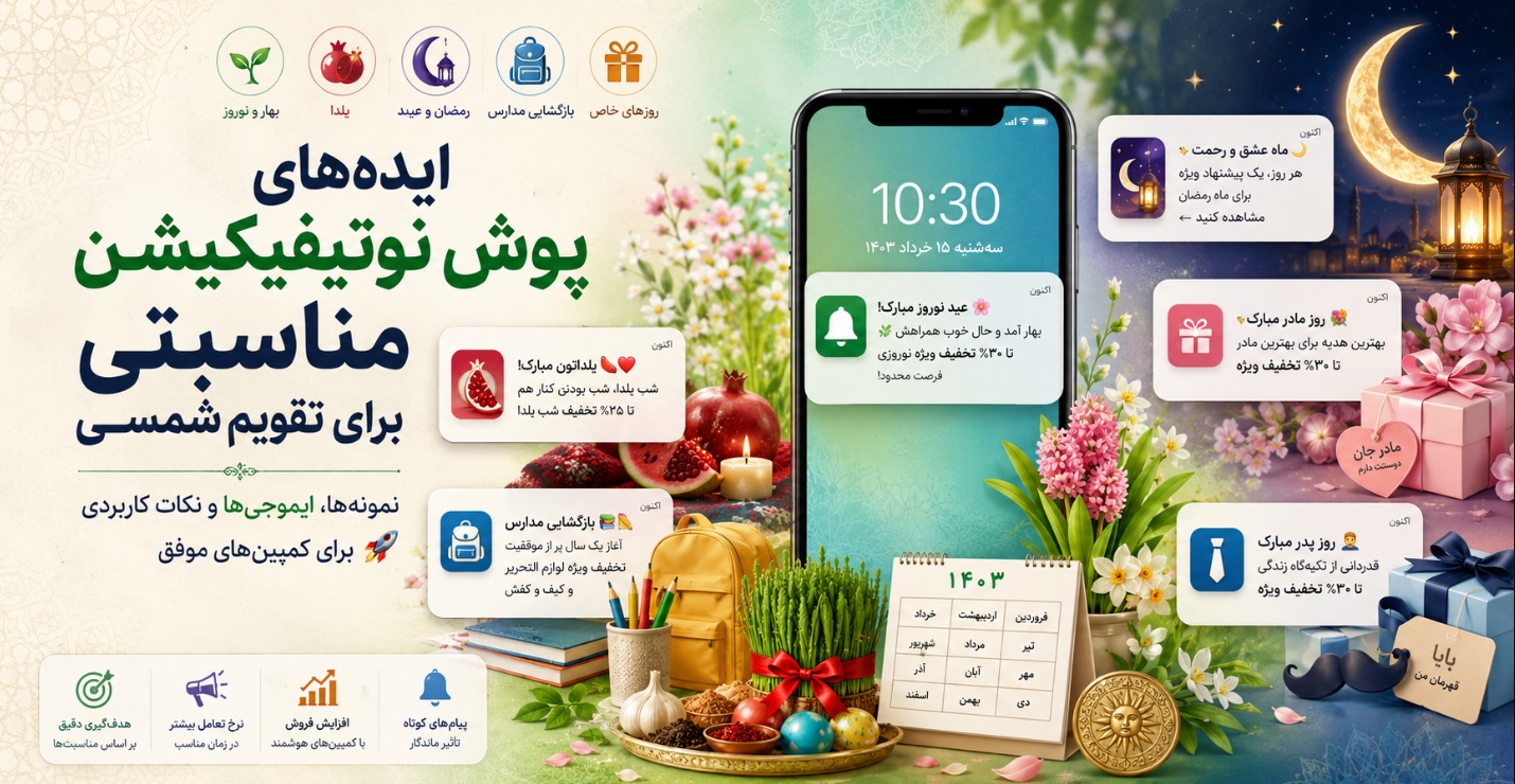 متن مناسب ارسال پوش نوتیفیکیشن های تبلیغاتی در مناسبت‌های شمسی: تقویم کامل کمپین‌ها با نمونه متن و ایموجی